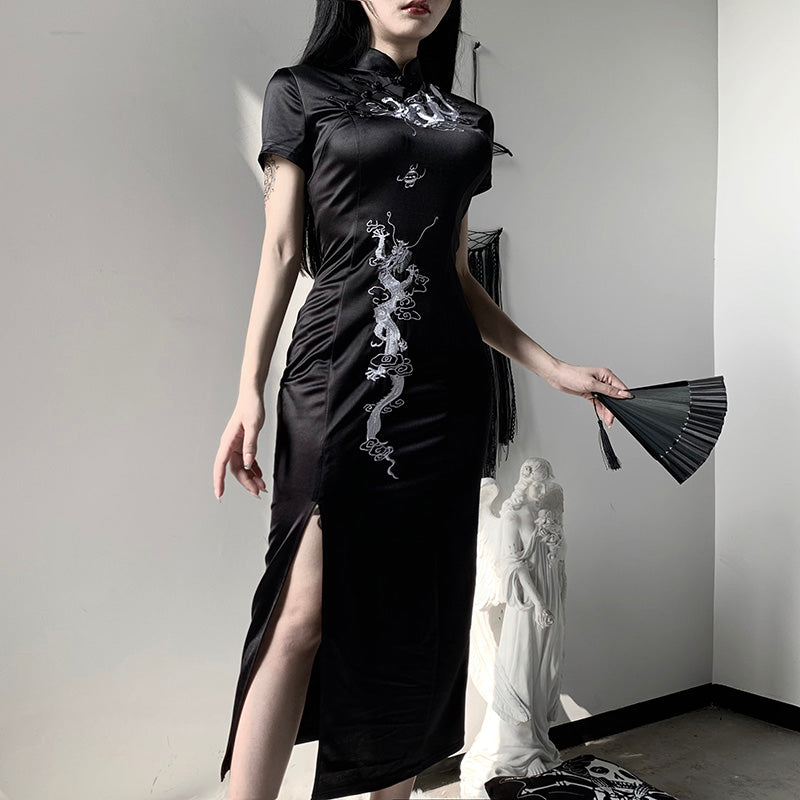 Dark Cheongsam Slit Long Dress DB9001