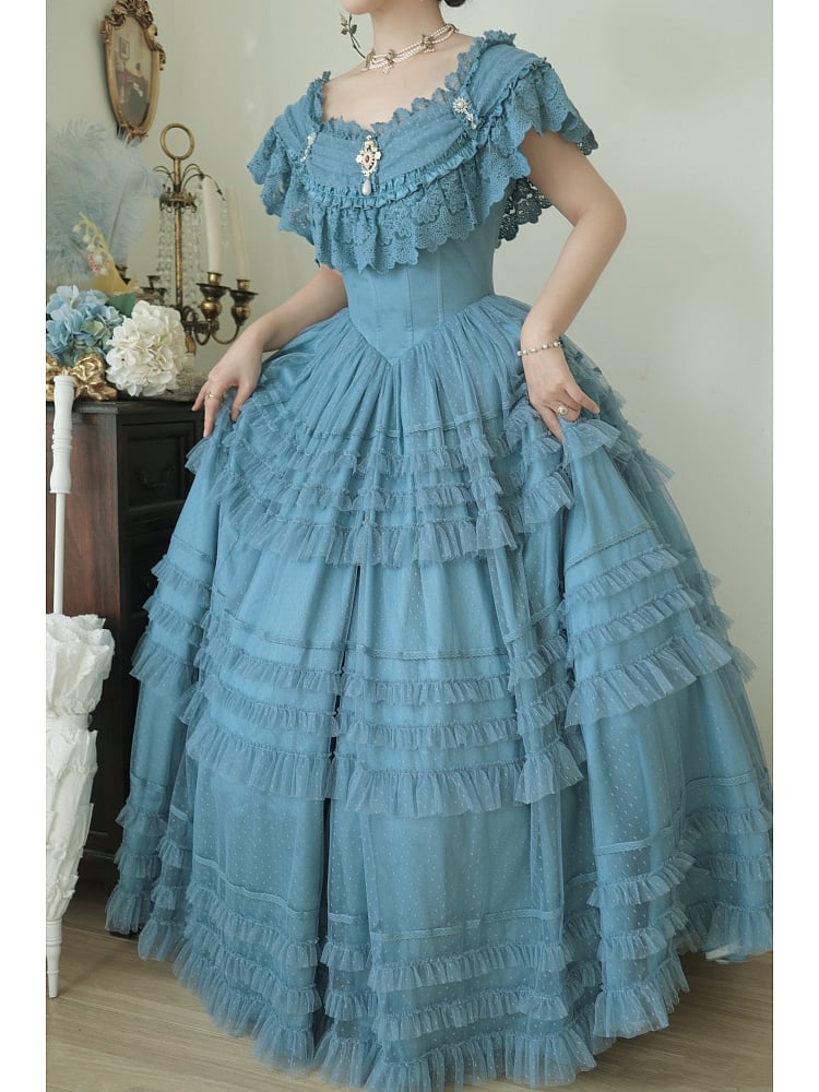 Blue  Elegant Ruffles Dress DB8022