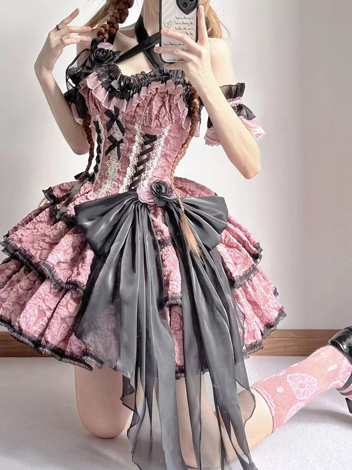Black Pink Gothic Sling Dress DB8117