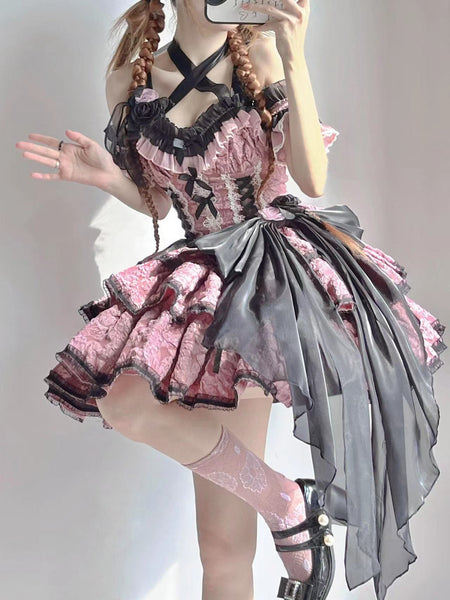 Black Pink Gothic Sling Dress DB8117