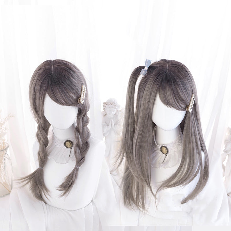 Linen gray mid-length straight wig DB7294
