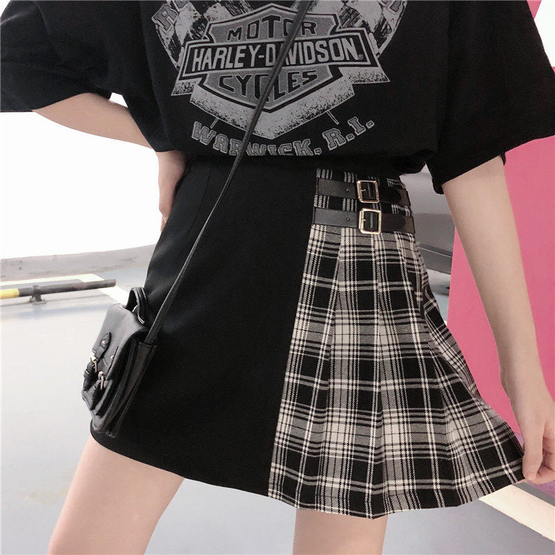 Punk gray + black plaid high waist skirt DB5183