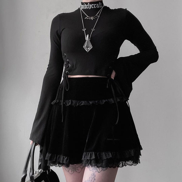 Dark embroidered lace suede skirt DB7253