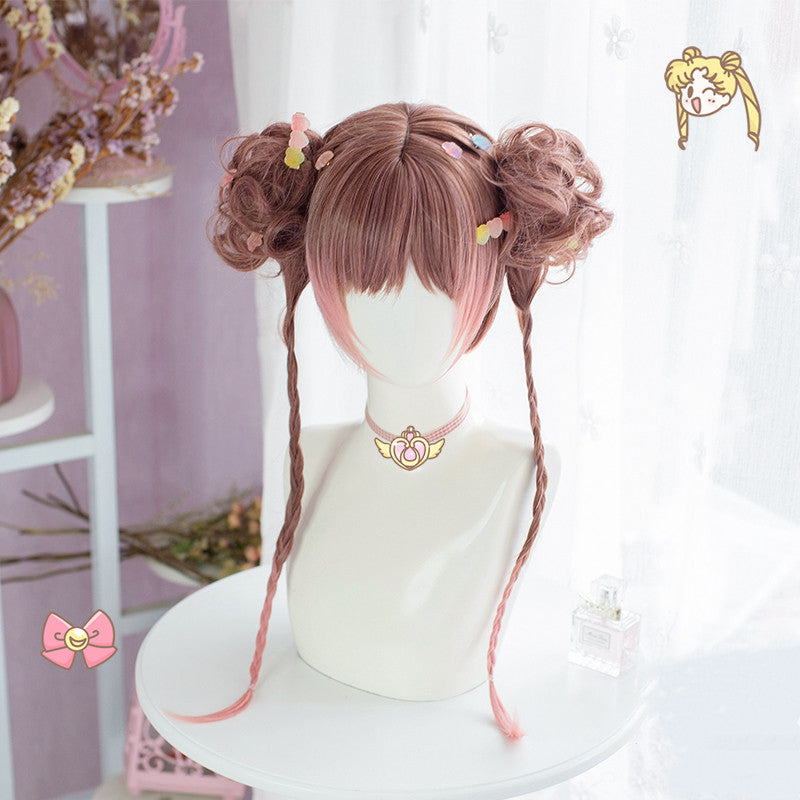Lolita brown pink gradient double ponytail wig DB5830
