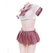 Sexy mesh pink plaid uniform set DB5380