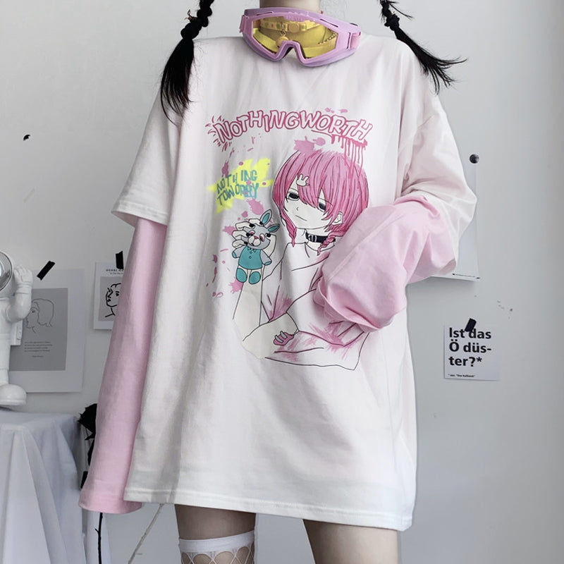 Anime printed fake two-piece T-shirt DB5985