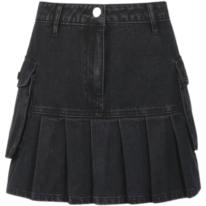 Oversized black denim pleated skirt DB7145