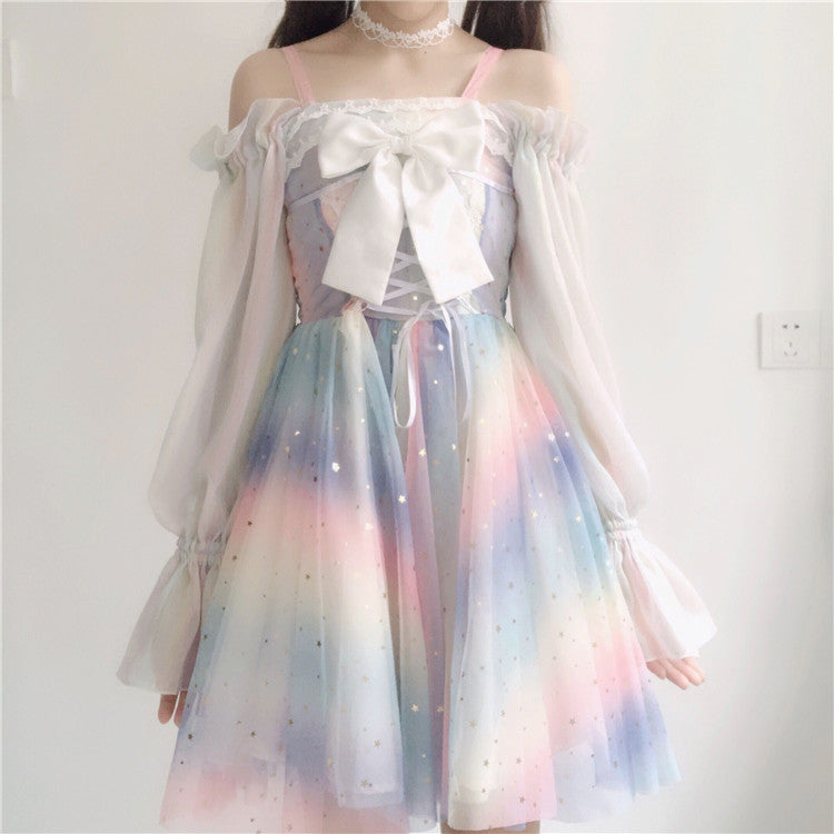 Rainbow star suspender skirt + white lace shirt DB5961