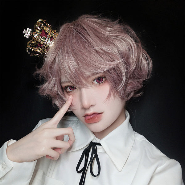 Lolita gray pink short curly wig DB6478