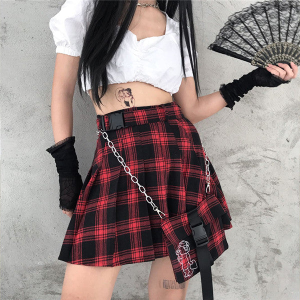 Punk red and black checked pleated skirt DB4954