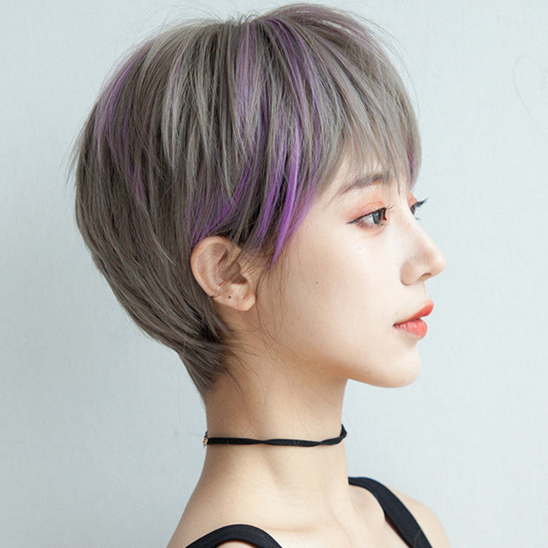 Harajuku gray mixed purple short wig DB6203