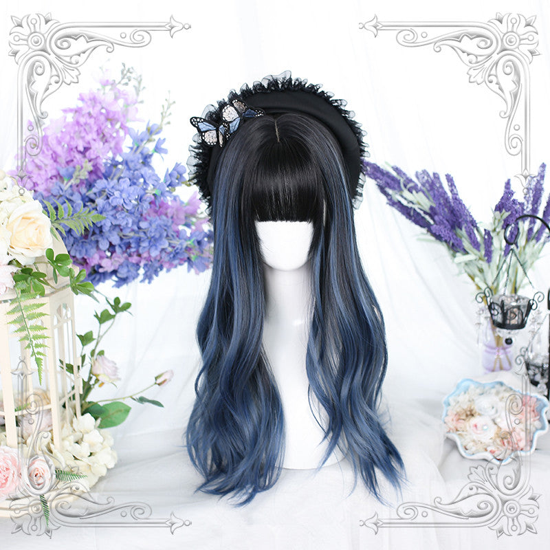 Blue and black gradient curly long wig DB7564