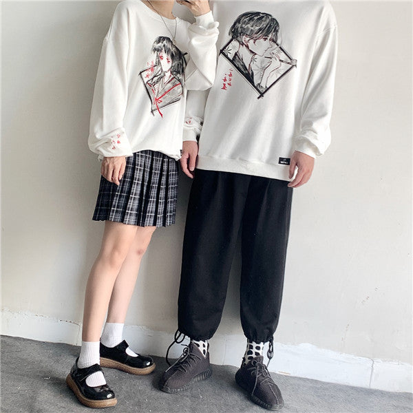 Couple's anime printed white sweater DB4958