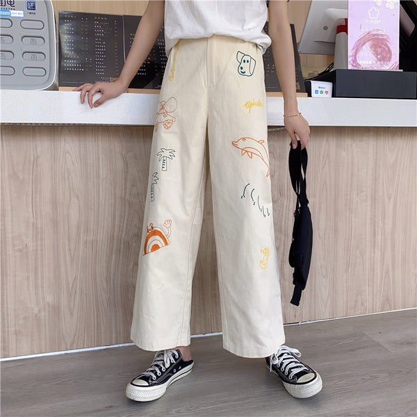 High waist embroidered casual pants DB6348