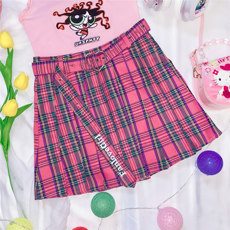 Pink plaid pleated skirt DB5980