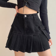 Oversized black denim pleated skirt DB7145