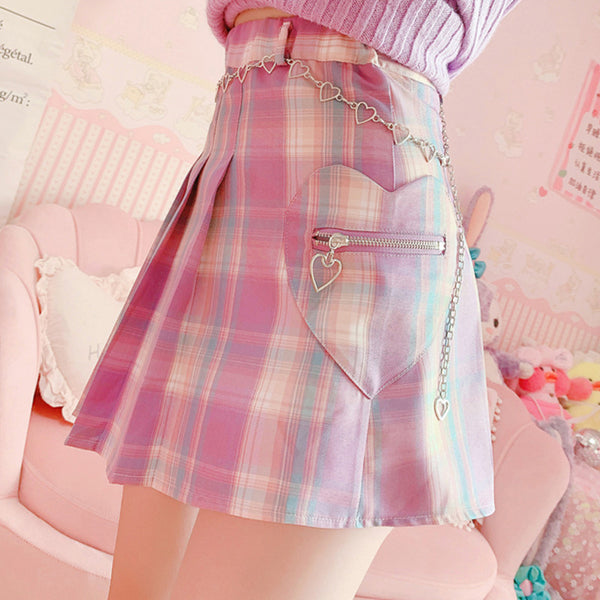 Love pink purple plaid pleated skirt DB6121