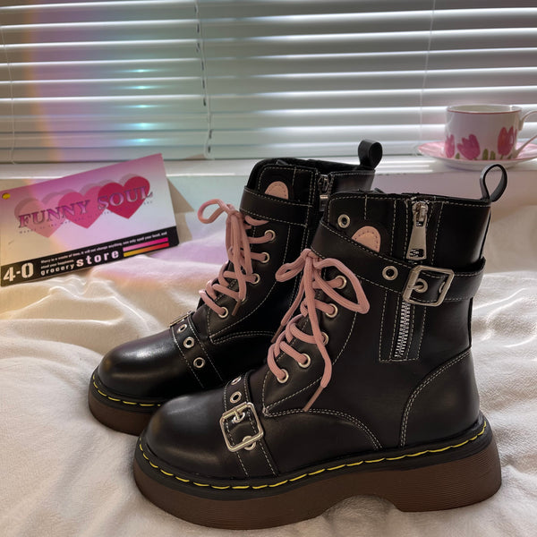 Pink lace-up black Martin boots DB7550