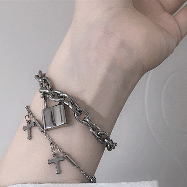 Punk cross and lock pendant bracelet DB5071