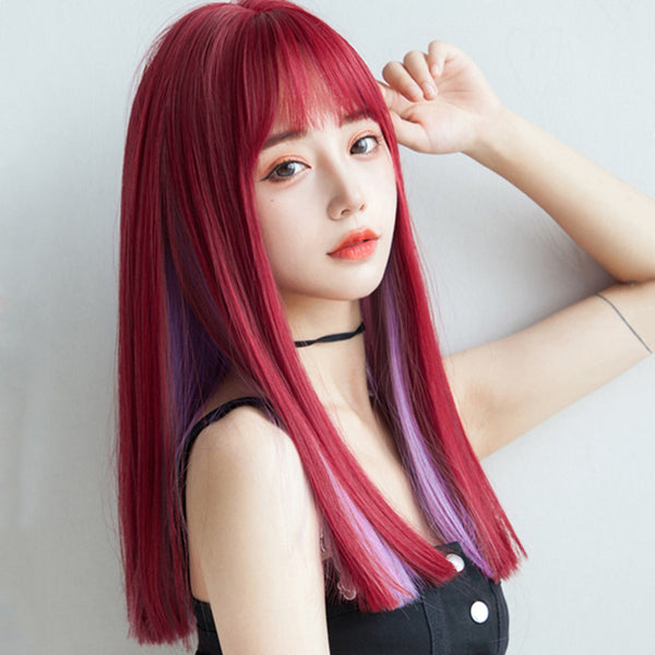 Red mixed purple mid-length wig DB6115