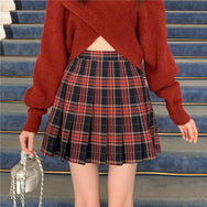 Dark red plaid pleated skirt  DB7437