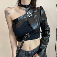 Punk one-shoulder leather jacket DB7329