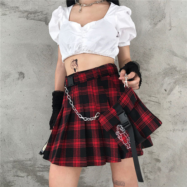 Punk red and black checked pleated skirt DB4954