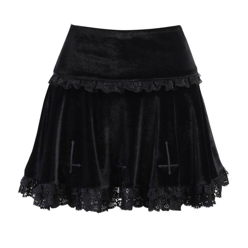 Dark embroidered lace suede skirt DB7253