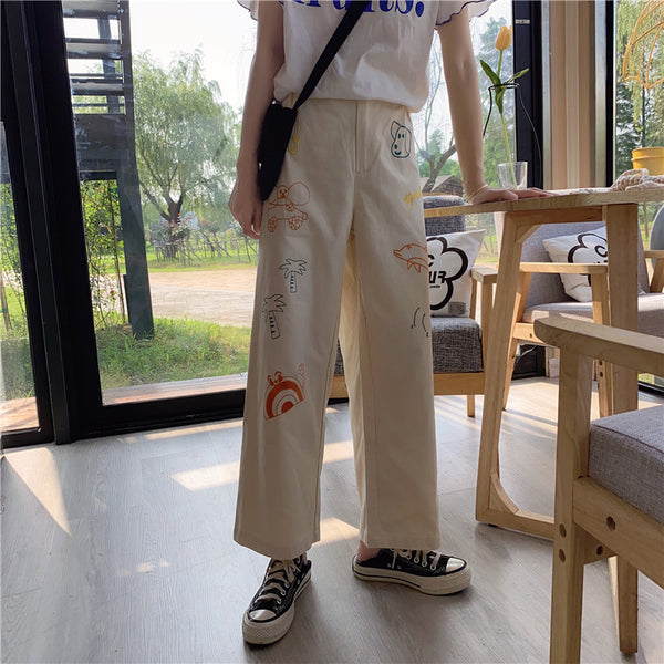 High waist embroidered casual pants DB6348