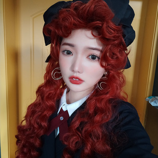 Lolita red long curly wig DB6391