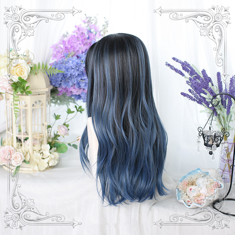 Blue and black gradient curly long wig DB7564