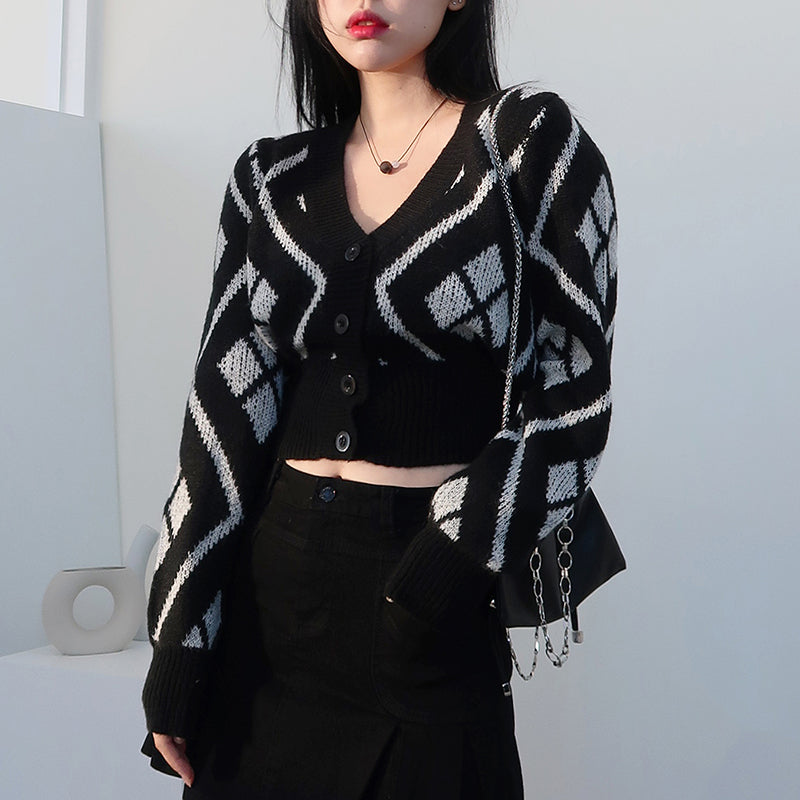 Black and white rhombus woolen coat DB7572