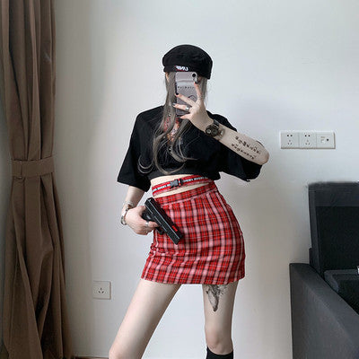 Punk red plaid skirt, short T-shirt DB4243