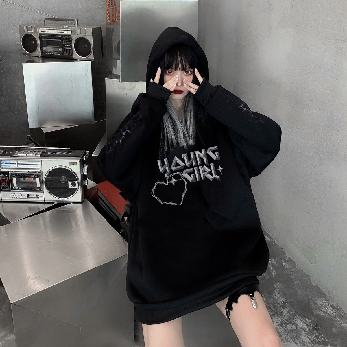 Black plush hooded sweatshirt DB7424