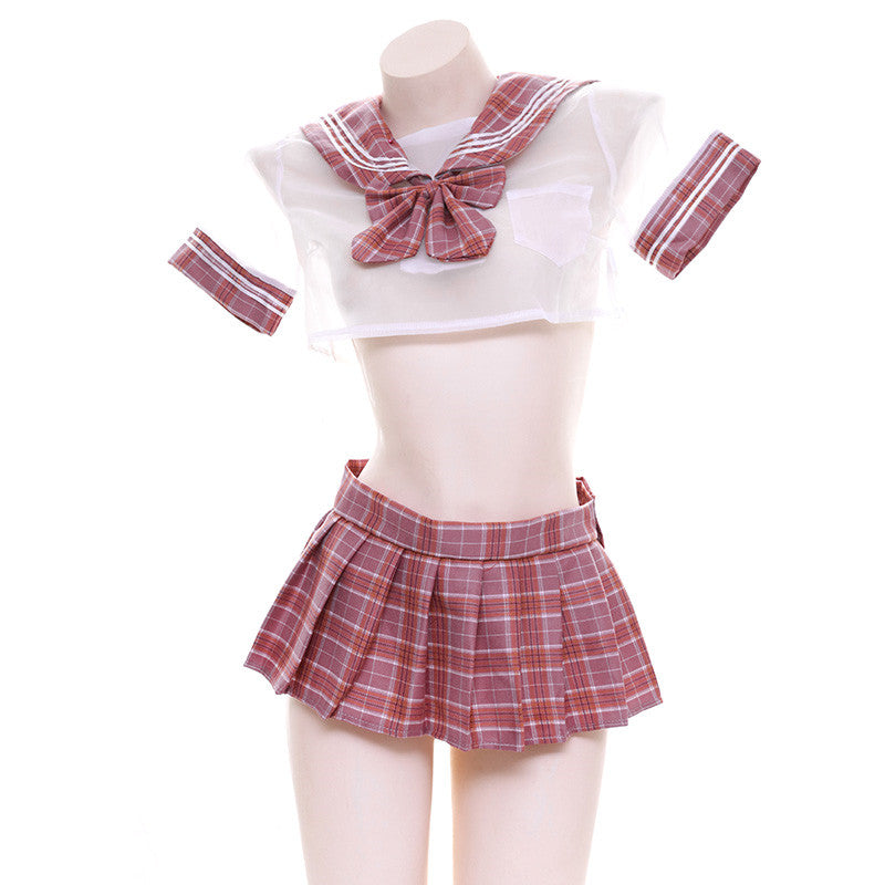 Sexy mesh pink plaid uniform set DB5380