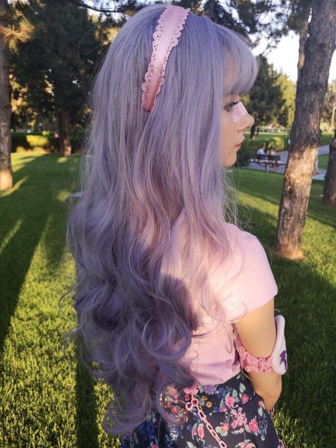 Purple gray air bangs long roll wig DB4126