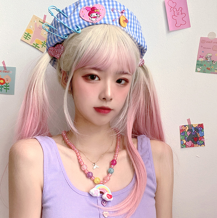Harajuku white gradient pink long wig DB6147