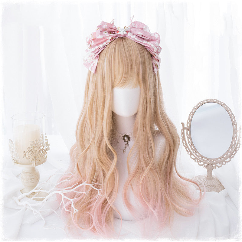 Lolita apricot gradient light pink long curly hair wig DB4822