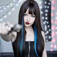 Lolita black highlighting blue long straight wig DB5815
